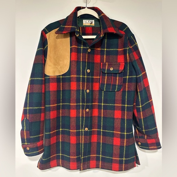 PENDLETON LOBO Vintage Wool Plaid Suede Patch Button Down Shirt Jacket Shacket - Picture 1 of 4